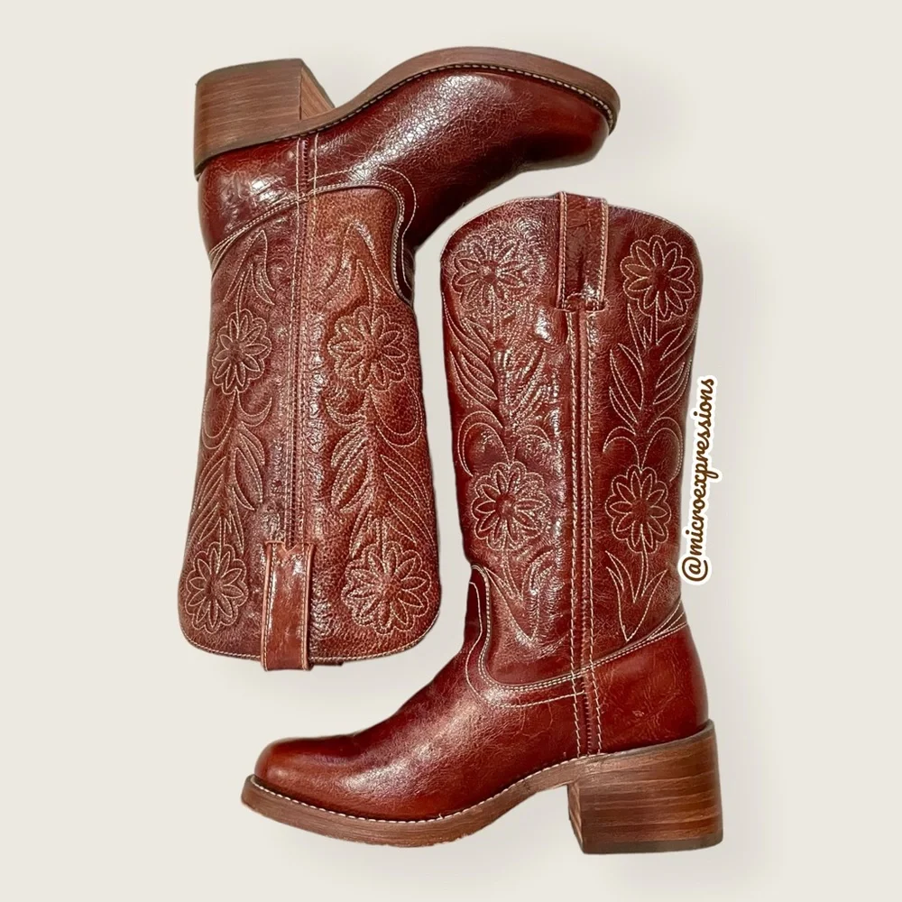 RARE 1960s Frye Vintage Embroider Brown Campus Western Cowboy Floral Stitch Boot
